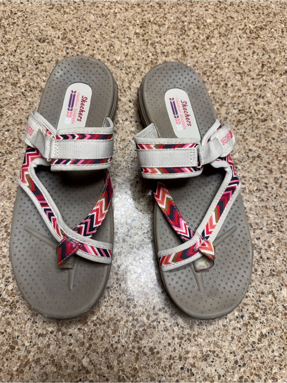 Skechers Taupe Sandals with Pink and Red Chevron Straps